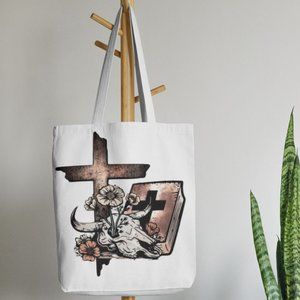 Cross Bull Skull Western Canvas Tote Bag